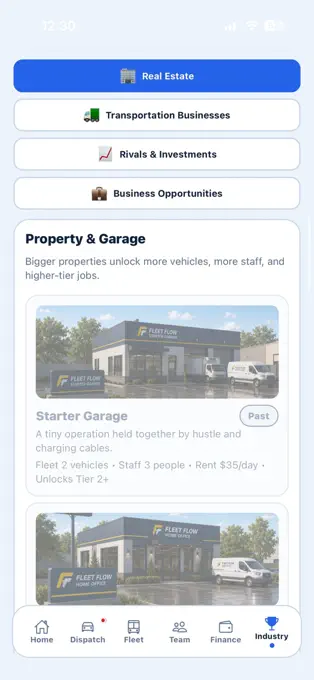 FleetFlow Simulator property and garage screen